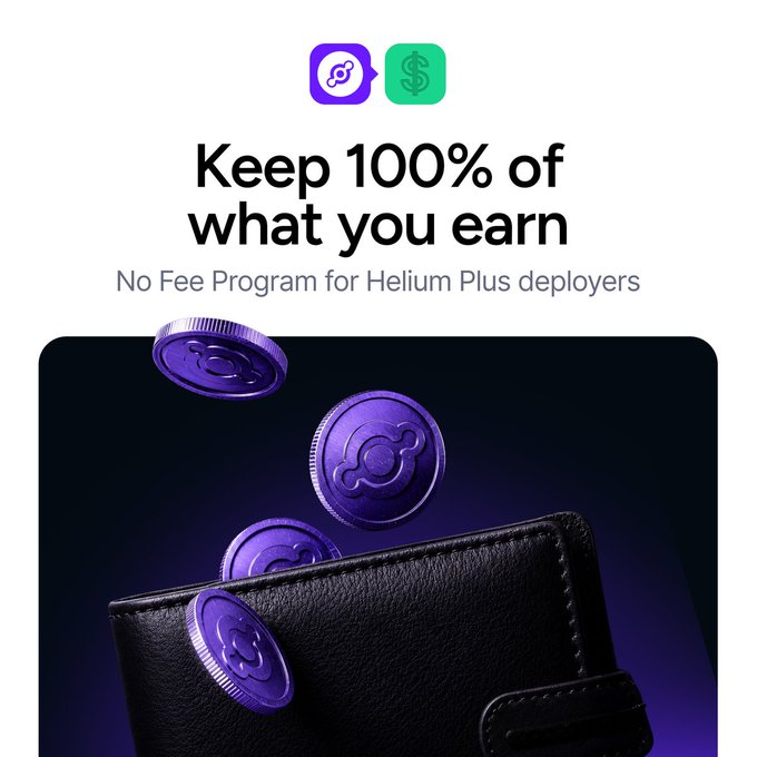 A black wallet with purple Helium coins floating out of it, accompanied by the text "Keep 100% of what you earn — No Fee Program for Helium Plus deployers." The image visually reinforces the post's message about passive income, showing deployers keeping their full earnings from telecom carriers using their Wi-Fi infrastructure.