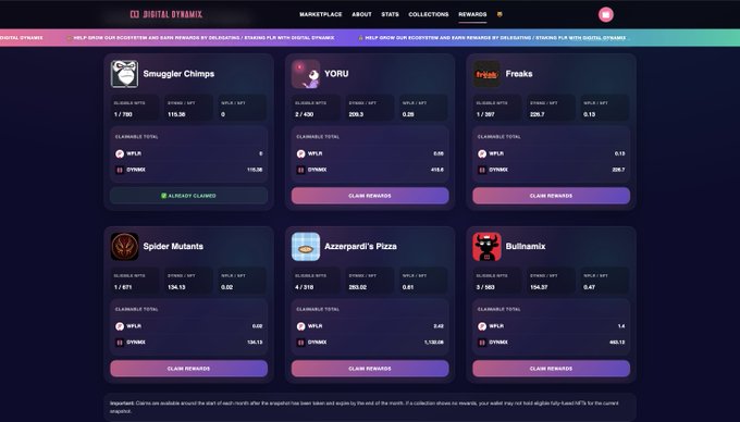 Digital Dynasty rewards page showing NFT collections including Smuggler Chimps, YORU, Freaks, Spider Mutants, Azzerpardi's Pizza, and Bullinamix with claimable WPLR and $DYNMR tokens.