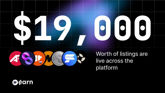 The image displays "$19,000" in large white text against a black background with a blue/purple gradient, accompanied by the caption "Worth of listings are live across the platform." Below are logos representing various cryptocurrencies (AVAX, SOL, BTC, NEAR, USDC, STX, and what appears to be FLOW), with the "sEarn" branding in the bottom left corner.

The image visually reinforces the post's message by highlighting the substantial $19,000 worth of active listings available on the platform, emphasizing the earning opportunity across multiple blockchain networks.