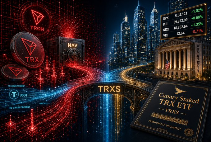 A crypto-themed graphic showing TRON/TRX coin imagery, a stock ticker display with SPX, DJI, NDX, and VIX, and a document labeled 'Canary Staked TRX ETF - TRXS Premium ETF Document'.