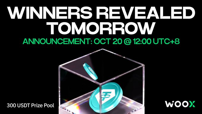 A WOOX promotional graphic announces 'WINNERS REVEALED TOMORROW' with an announcement date of 'OCT 20 @ 12:00 UTC+8', featuring a 300 USDT prize pool and an image of a coin in a glass display case.