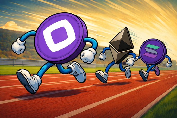 Cartoon illustration showing Polygon (MATIC), Ethereum, and Solana cryptocurrency logos as characters racing on a running track, with Polygon in the lead.