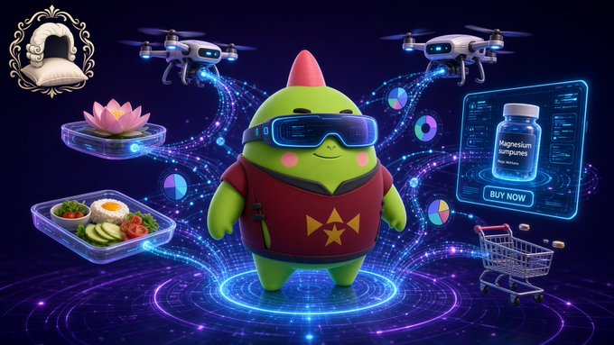 A green cartoon character wearing VR-style glasses stands at the center of a glowing digital platform, surrounded by drones, a sleep tracker device, a lotus, a meal prep container, a magnesium supplements bottle labeled "BUY NOW," and a shopping cart.

The image illustrates Sleepagotchi's concept of connecting sleep data to multiple lifestyle factors—delivering a pill, meal, and other recommendations via drones—rather than just a generic sleep duration readout.