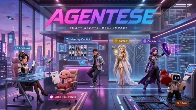 The image showcases "AGENTESE - Smart Agents. Real Impact." as a vibrant, futuristic AI workspace featuring character-style mascots for various products, including LifeClaw, Meeting Copilot, Yarrow, CodeAutrix, Little Pink Potato, and K⁺ Kopi, illustrating Agentese's diverse ecosystem of task-automating AI agents.