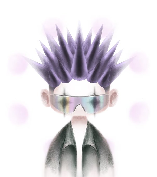 The image shows a stylized cartoon illustration of a figure with spiky purple hair, large futuristic silver sunglasses, and a dark collared jacket against a white background with soft purple bokeh accents. The character design appears to represent Vlad Tenev, the founder of Robinhood, as referenced in the post about his NFT sweep activity.