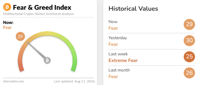 The image displays the Crypto Fear & Greed Index from alternative.me, showing a current value of 29 ("Fear") alongside historical values: yesterday at 30, last week at 25 ("Extreme Fear"), and last month at 26 ("Fear"). The sentiment gauge's dial points to the fear zone, illustrating the prevailing bearish mood in the cryptocurrency market as of August 11, 2026.