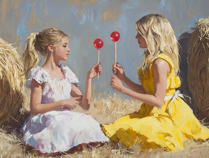 The image features two young girls sitting next to each other, holding lollipops. They are both wearing dresses, with one girl dressed in a white dress and the other in yellow. The background of the painting shows hay bales, which adds an interesting contrast between the natural elements and the artistic scene. The post includes text that reads "Good night and sweet dreams! Lollipop Serenade 1.25".