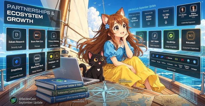 An anime-style illustration of a cat-eared girl with a black cat on a boat, surrounded by floating UI panels displaying "PARTNERSHIPS & ECOSYSTEM GROWTH" and various crypto project updates.