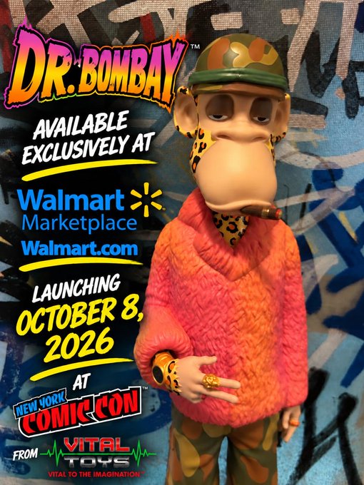 A promotional poster for 'DR. BOMBAY' figure, featuring a cartoon character in a pink sweater and camo hat, announcing availability exclusively at Walmart Marketplace, launching October 8, 2026 at New York Comic Con from Vital Toys.