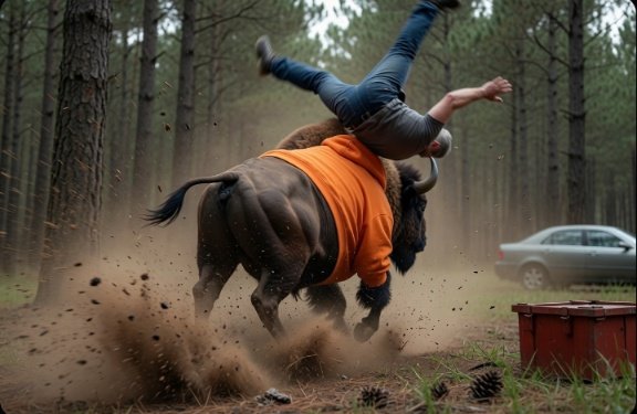 A person in an orange hoodie and jeans is being thrown from the back of a charging bison in a dusty forest, with a car visible in the background.