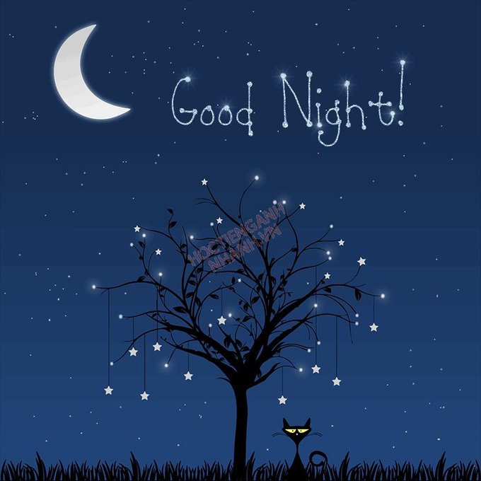 An illustrated nighttime scene with a crescent moon, stars, a silhouetted tree, a black cat, and the text 'Good Night!' floating in the sky.