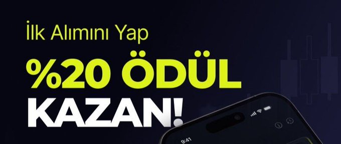 An advertisement in Turkish with a dark background displaying "İlk Alımını Yap %20 ÖDÜL KAZAN!" in green and white text.