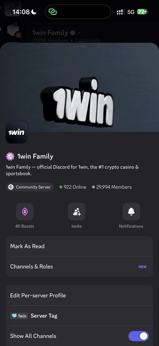 A mobile Discord server interface shows the '1win Family' server banner, described as the 'official Discord for 1win, the #1 crypto casino & sportsbook,' with 29,994 Members and 922 Online.