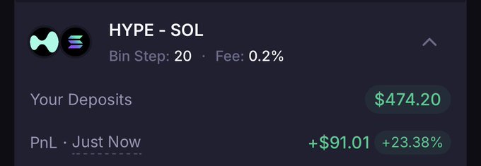 A cryptocurrency portfolio dashboard shows HYPE - SOL liquidity pool with a Bin Step of 20 and 0.2% fee, displaying deposits of $474.20 and a PnL of +$91.01 (+23.38%).