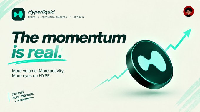 A promotional banner for Hyperliquid featuring its logo, the text 'The momentum is real' with 'More volume. More activity. More eyes on HYPE.', and a coin with an upward trending arrow.