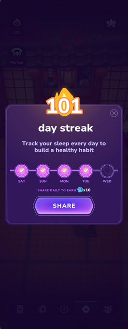 A mobile app screenshot displays a "101 day streak" achievement with a purple pop-up, encouraging users to "Track your sleep every day to build a healthy habit" with a SHARE button.