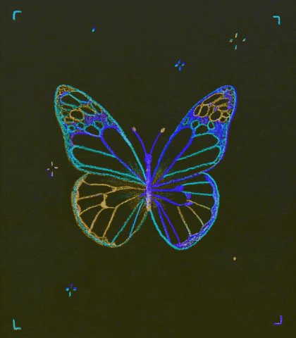 The image features a butterfly drawn with blue and green colors against a black background. The butterfly appears to be floating or hovering above the frame. The caption of the image reads, "Gm gQuip Saturday energy feels different when you're building for a future most people still think is sci-fi while @quipnetwork is building quantum infrastructure, post-quantum security, and a network designed to solve real world optimization problems at".