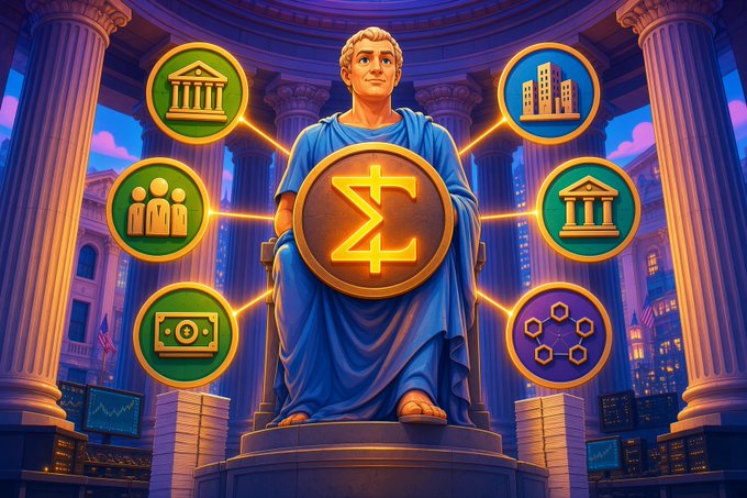 A golden statue resembling Caesar sits on a throne holding a shield with a yellow Greek sigma (Σ) symbol, surrounded by icons representing banking, buildings, and connectivity in a classical columned hall.