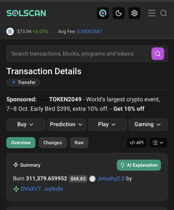 A Solscan transaction details page showing a Transfer sponsored by TOKEN2049, with a Summary noting 'Burn 311,379.659952 $68.83 Jimothy2.0 by DVsXY7...sq9n8x'.