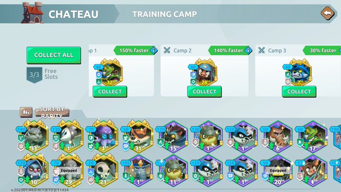 A screenshot of a mobile game interface showing a 'CHATEAU' tab with collect buttons for camps and a character collection grid sorted by rarity.