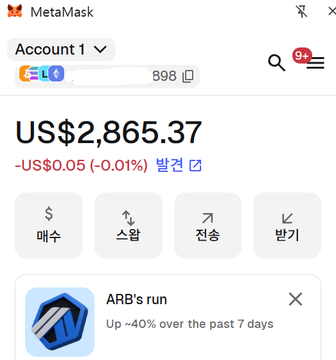 A MetaMask cryptocurrency wallet interface displaying a balance of US$2,865.37, with Korean text buttons for buying, swapping, sending, and receiving, and a notification for 'ARB's run up +40% over the past 7 days'.