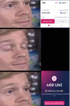A vertical collage showing the meme face of Matt Damon and two promotional graphics for Uniswap (UNI), advertising '400 UNI' with an 'Airdrop' tag.