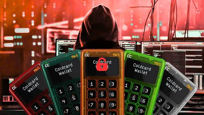 A hooded hacker sits before multiple glowing monitors displaying code, surrounded by five Coldcard hardware wallets (red, teal, gold, green, and silver) marked with "Mk5," "CC," and "Coldcard Wallet" labels, visually representing the escalating Coldcard exploit that has resulted in losses exceeding $100M and potentially reaching $130M.