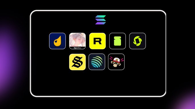 A dark-themed display showing a Solana logo at the top above eight app icons including Bonk, Radium (R), a green coin icon, a circular arrow icon, Phantom, and others.