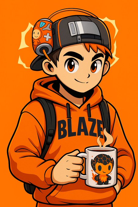 An anime-style illustration of a young boy wearing an orange "BLAZE" hoodie, a black cap with a cute orange character pin, holding a white mug with a flame creature on it, against an orange background.