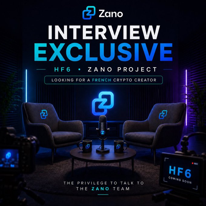 A promotional image for 'Zano' cryptocurrency featuring 'INTERVIEW EXCLUSIVE - HF6 • ZANO PROJECT' with text 'LOOKING FOR A FRENCH CRYPTO CREATOR' and 'THE PRIVILEGE TO TALK TO THE ZANO TEAM' in an interview studio setting.
