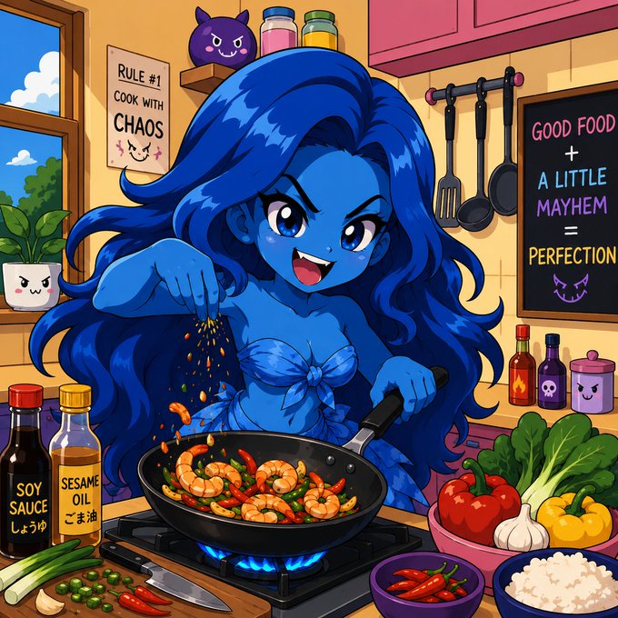 A colorful cartoon illustration of a blue-skinned character with long blue hair cooking shrimp in a kitchen, with signs reading 'RULE #1 COOK WITH CHAOS' and 'GOOD FOOD + A LITTLE MAYHEM = PERFECTION'.