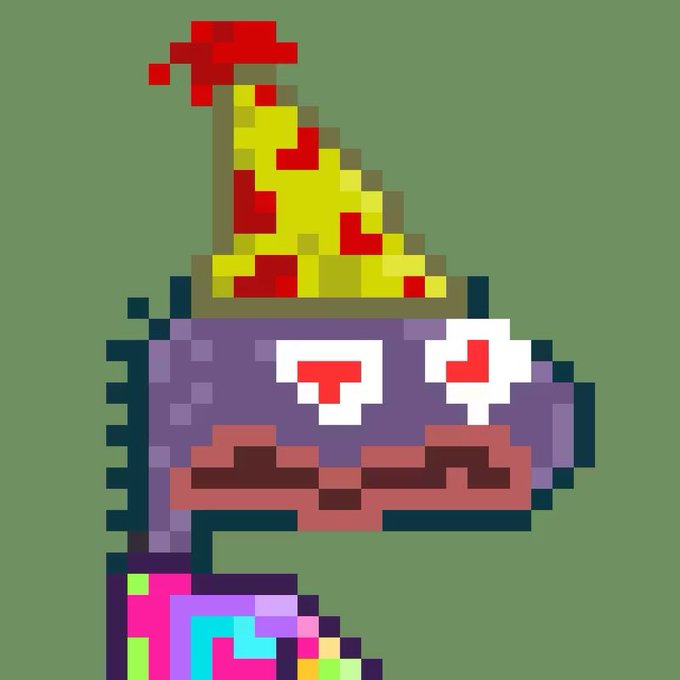 A pixel art character wearing a yellow party hat with red spots, a purple mask, and colorful clothing against a plain green background.