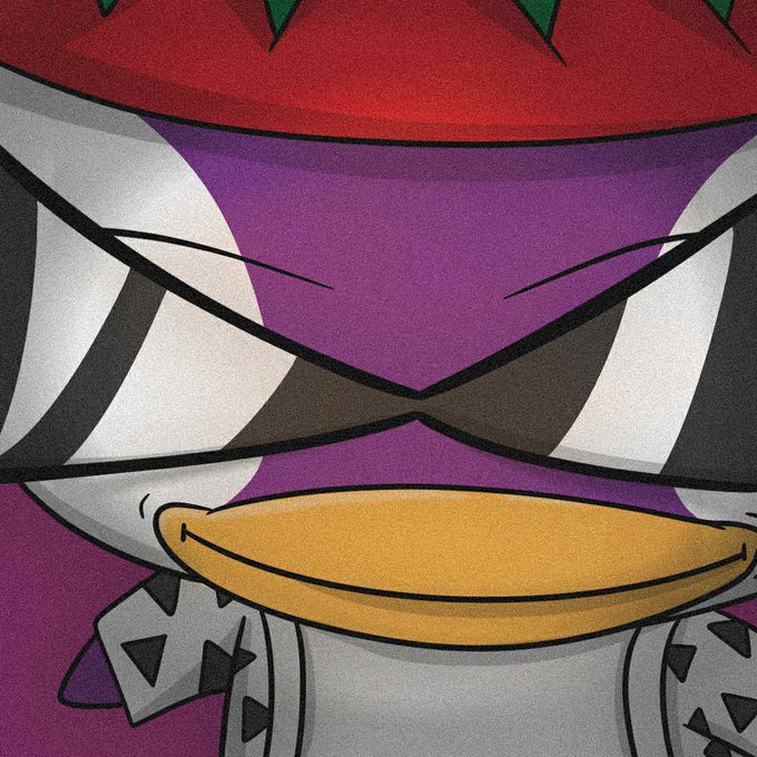 The image shows a close-up, menacing cartoon face with sharp teeth, narrowed eyes, and a purple spiked helmet, giving an aggressive, villainous expression. It relates to the post by portraying an intimidating character that fits the "would you rather" dilemma of choosing between a "pumpfun son" or a "fomo daughter," both referencing Solana crypto launchpads known for volatile trading behavior.