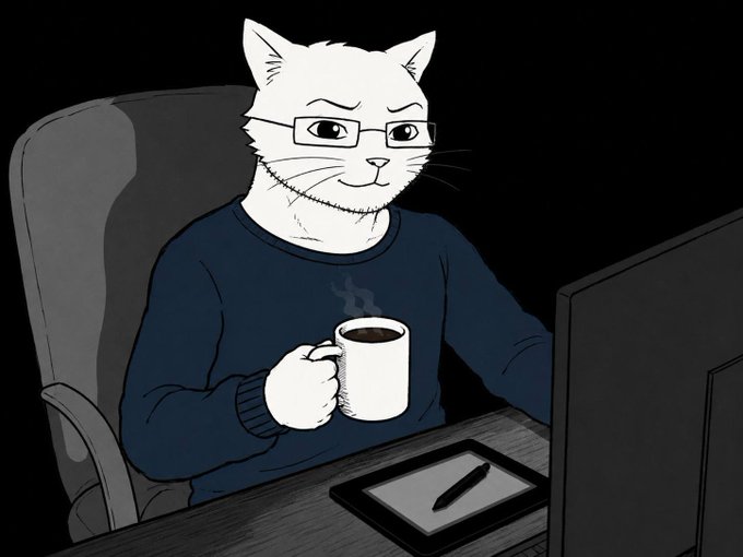 An anthropomorphic white cat wearing glasses and a blue sweater sits at a desk holding a steaming white mug, with a graphics tablet and monitor in front of it.