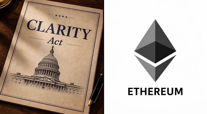 The image is a split composition featuring the U.S. Capitol building on a vintage "CLARITY Act" document beside the Ethereum logo, visually symbolizing the intersection of U.S. legislation and the Ethereum blockchain. This complements the post's discussion of how the CLARITY Act could provide regulatory clarity benefiting ETH by exempting developers, validators, and miners from money-transmitter regulations.