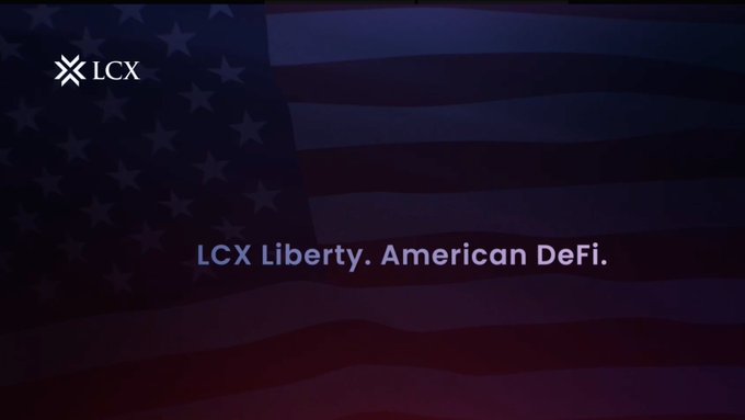 The image displays a dark purple-tinted American flag with the "LCX" logo in the top-left corner and the tagline "LCX Liberty. American DeFi." centered in white text. The patriotic imagery and slogan directly reinforce the post's announcement of LCX's U.S.-focused DeFi initiative, visually positioning the project as an American response to the growing North American institutional DeFi market.