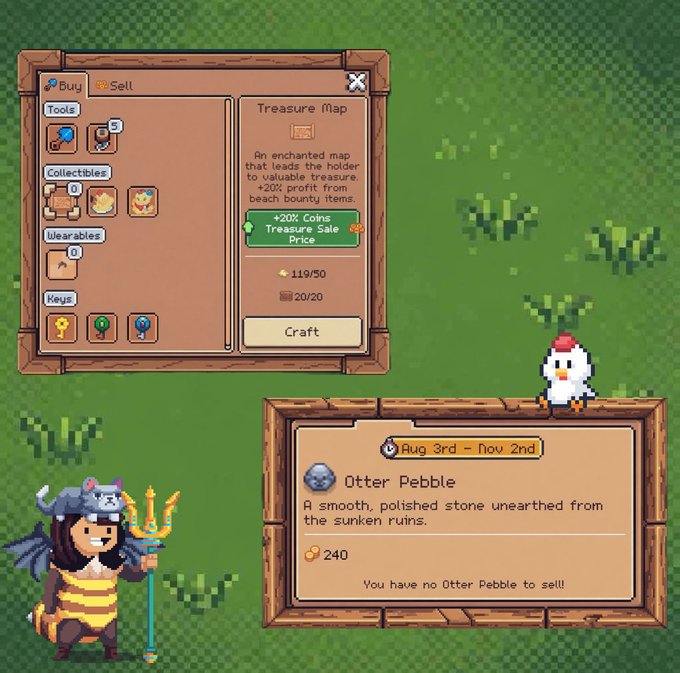 A video game menu showing a 'Treasure Map' item that grants '+20% profit from beach bounty items' and an 'Otter Pebble' item worth 240 coins from a character in a bee costume.