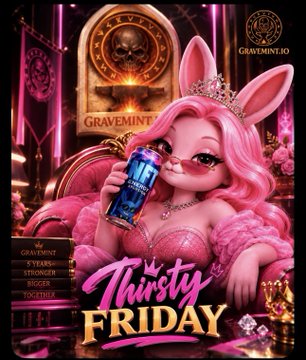 A vibrant pink-themed promotional graphic features an anthropomorphic bunny character wearing a crown and pink fur coat holding a Monster energy drink, advertising 'GRAVEMINT Thirsty Friday'.