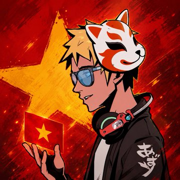 An anime-style illustration of a young man with a fox mask on his head holding a small Vietnamese flag, set against a red star background.