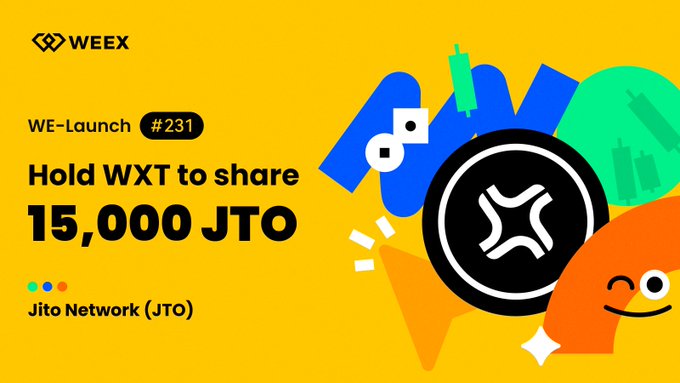 The image features a yellow background with black text that reads "WEEX WE- Launch #231 Hold WXT to share 15,000 JTO Airdrops!". The text is written in white letters against a black background. Below this information, there are illustrations of various objects such as a smiley face and a heart, which add visual interest to the image.