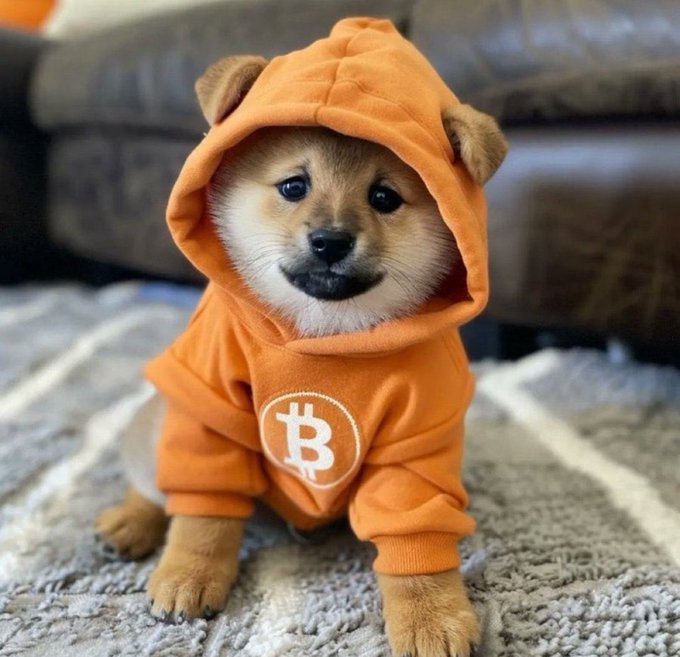 An adorable Shiba Inu puppy wearing an orange Bitcoin-branded hoodie with ears poking through the hood.