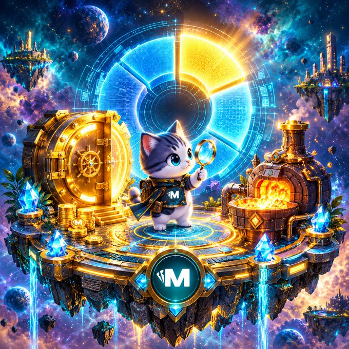 A fantasy digital illustration depicts a gray and white cat wearing a cape, holding a magnifying glass, standing on a floating golden island with a vault, furnace, and crystals, featuring an 'IM' logo.