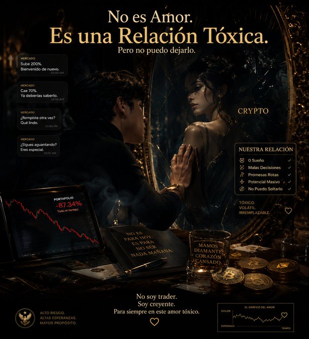 The image is a dark, meme-style graphic titled "No es Amor. Es una Relación Tóxica. Pero no puedo dejarlo." ("It's not love. It's a toxic relationship. But I can't leave."), depicting a man staring at his reflection in a mirror while surrounded by text messages, a losing portfolio chart showing -87.34%, and crypto coins like Bitcoin and USDT, humorously equating love addiction to cryptocurrency trading addiction with text like "MAMOS DIAMANTES, CORAZÓN CANSADO" and "Soy creyente. Para siempre en este amor tóxico." It was announced as the winning entry in a Meme Battle contest, earning creator @WSBgemsCALL a $50 USDT prize.