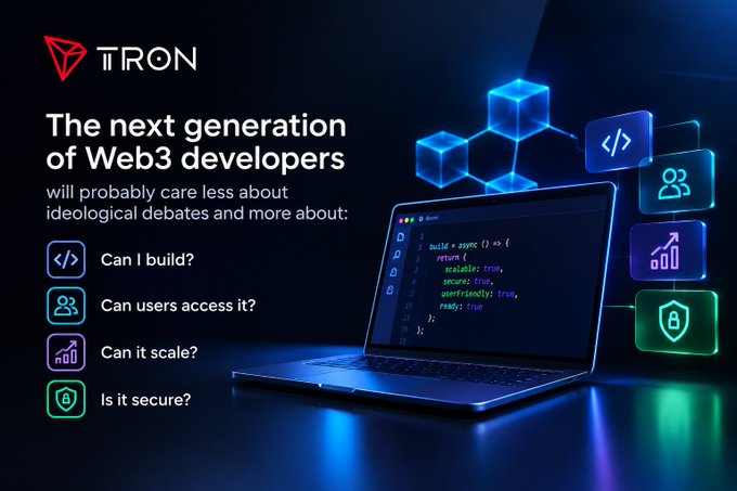 A promotional graphic for TRON with the headline 'The next generation of Web3 developers' and bullet points: 'Can I build?', 'Can users access it?', 'Can it scale?', 'Is it secure?', featuring a laptop displaying code surrounded by floating blockchain icons.