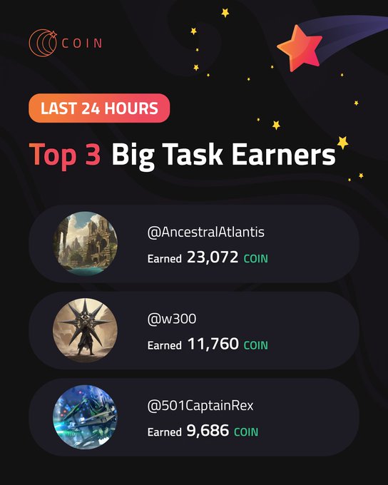 A promotional graphic from the COIN platform showing 'LAST 24 HOURS Top 3 Big Task Earners,' listing @AncestralAtlantis (23,072 COIN), @w300 (11,760 COIN), and @501CaptainRex (9,686 COIN) on a dark starry background.