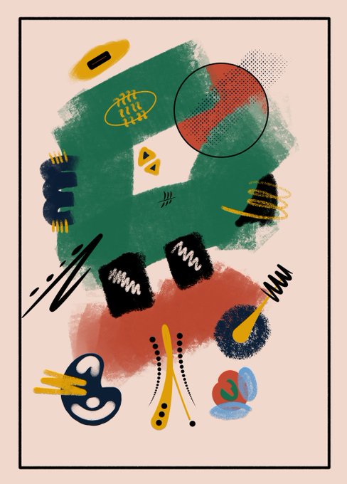 An abstract art piece featuring a blend of green, pink, and dark blue shapes, dotted patterns, and sketchy yellow and blue accents on a beige background.