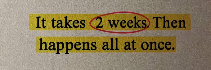 A highlighted quote reads "It takes 2 weeks Then happens all at once," with "2 weeks" circled in red, suggesting a prediction that PulseChain will experience delayed but sudden explosive growth, particularly with $pDAI and $pWBTC surprising skeptics.