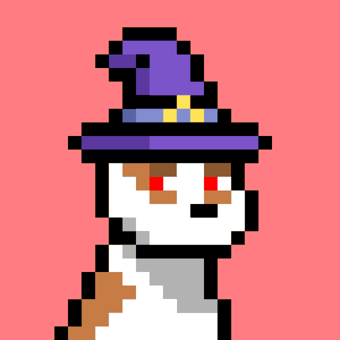 A pixel-art character on a pink background with white face, orange cheeks, red eyes, and a large purple witch's hat with a yellow buckle, resembling a Halloween-themed cat sprite.