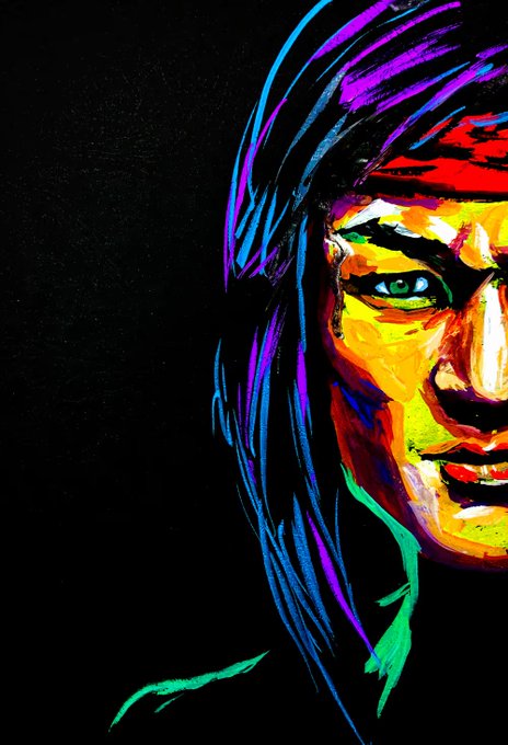 A vibrant pop art style digital portrait of a woman's face rendered in bold strokes of yellow, orange, red, blue, and purple against a black background.