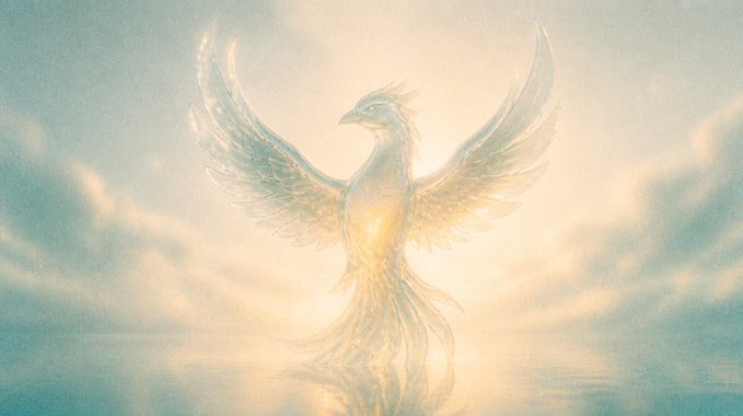 A glowing, ethereal phoenix rises from golden ashes against a misty horizon, its wings outstretched and emanating light. The majestic phoenix directly mirrors the post's "Phoenix (2.00x)" tier and the theme of burning $YIELDFY tokens to ascend through the Ember, Blaze, Inferno, and Phoenix ranks.